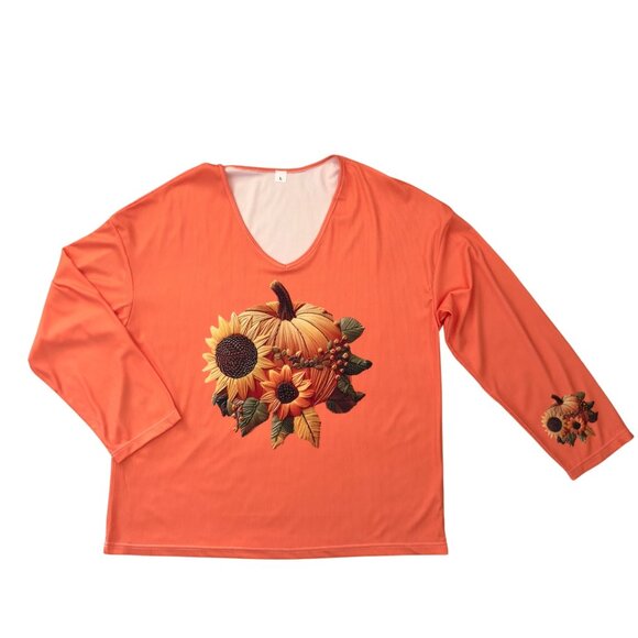 Pumpkin Sunflower Print Long Sleeve V Neck Fall Top Womens Size Large Polyester - Picture 3 of 13